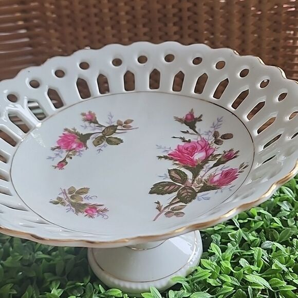 Vintage Japan Moss Rose Pedestal Dish With Gold Tone Detail Coquette Bridal - Picture 10 of 10